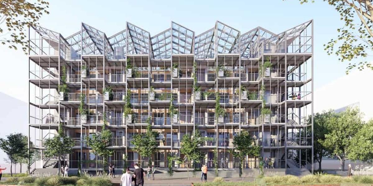 Wohngewächshaus in Bremen: Das Gebäude besteht aus einem Wohnblock, einem darüber liegenden Gewächshaus und einem Laubengang. © DMAA
