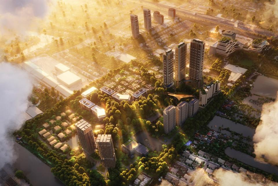 Hochhäuser, kleinere Wohnblocks und Villen sollen unterschiedliche Wohn- und Lebensformen ermöglichen – und zwar mitten im Grün. Quelle: Foster + Partners  ____