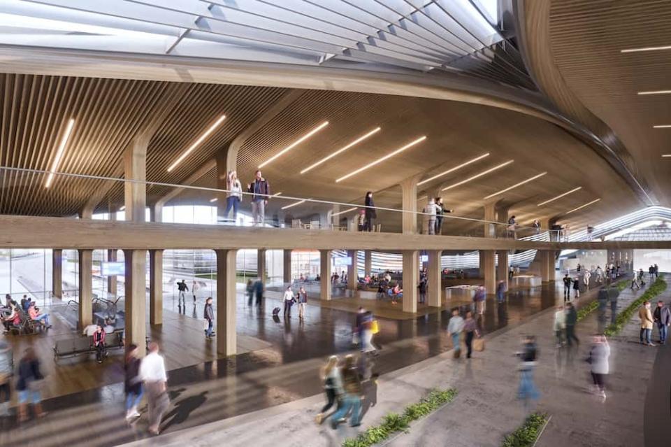 Die lichte Holzkonstruktion nimmt der mächtigen Brücke einiges an Wucht. © Zaha Hadid/Rendering Frontop ____