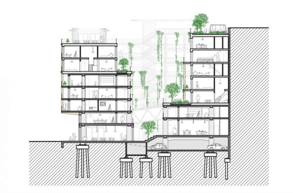 Seitenansicht des Park-Hauses der Genossenschaft Gröninger Straße. Foto: Duplex Architekten  ____