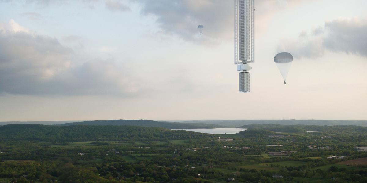 Schwebendes Hochhaus über grüner Landschaft mit Fallschirmen, futuristisches Architekturkonzept am Himmel