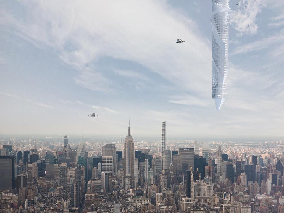 Schwebender Wolkenkratzer über New York City, futuristisches Gebäude mit Drohnen am Himmel sichtbar____