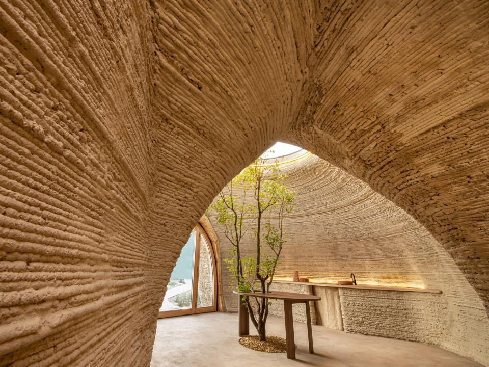 Organischer Innenraum eines 3D-gedruckten Lehmhauses mit Rundbögen und Baum – nachhaltige Architektur.____