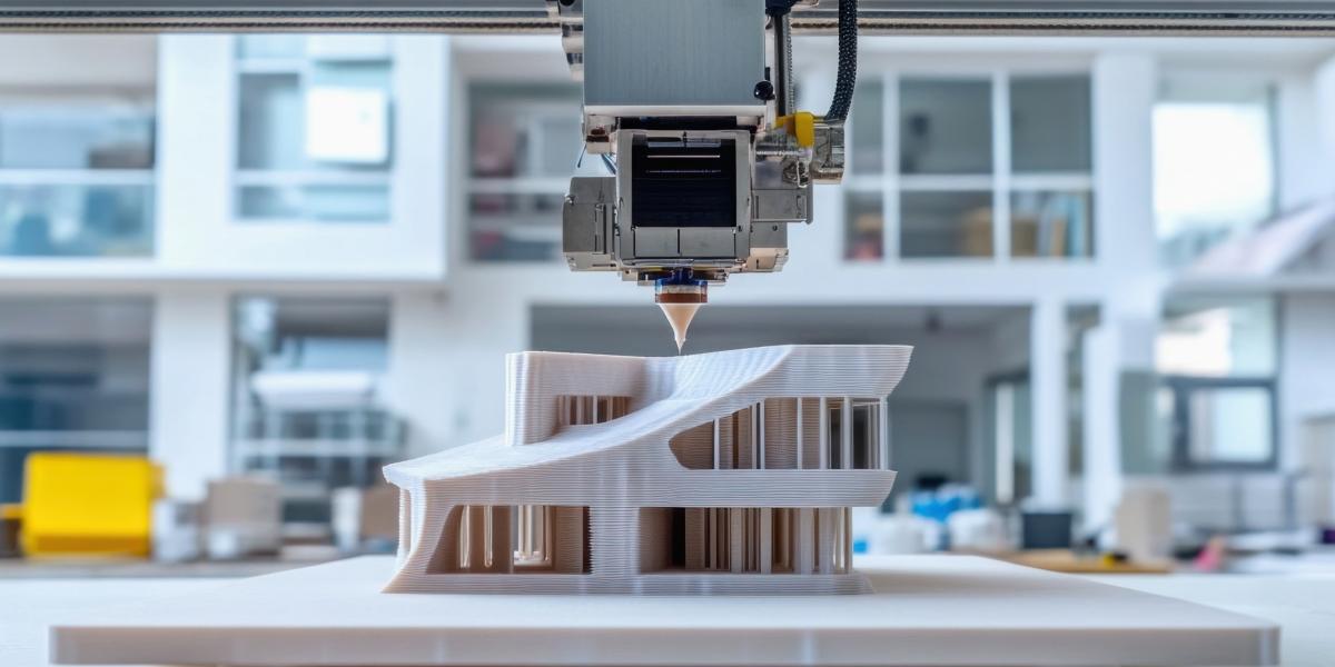 Großer 3D-Drucker fertigt modernes Architekturmodell mit geschwungener Fassade in einem hellen Studio.