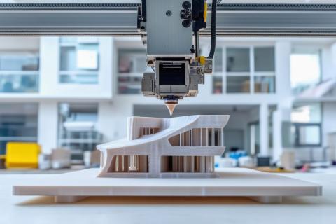 Großer 3D-Drucker fertigt modernes Architekturmodell mit geschwungener Fassade in einem hellen Studio.